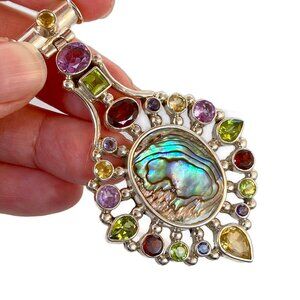 Abalone & Gemstone Sterling Silver Pendant Vintage: Boho Statement Jewelry